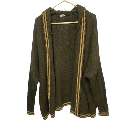 Ecote Hooded Cardigan Sweater Olive Green Yellow Stripe Boho Women’s M - Picture 1 of 5